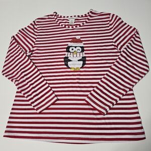 Sophia Jayne Red/White Striped Long-Sleeve Peguin Christmas Shirt Sz L